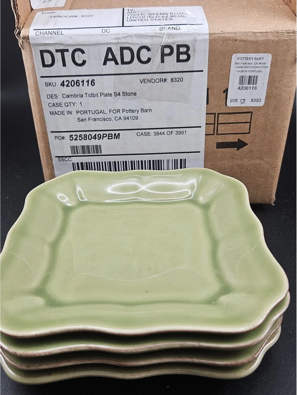 Set of 4 Pottery Barn Cambria Mint Green Stoneware Square Tidbit Plates 5.375